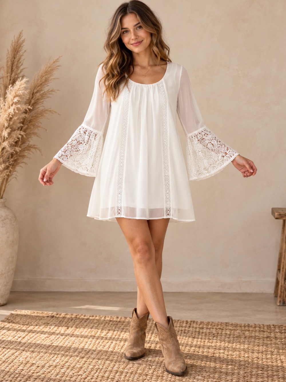 Sequin Hearts White Lace Bell Sleeve Mini Dress Size Small Boho Romantic